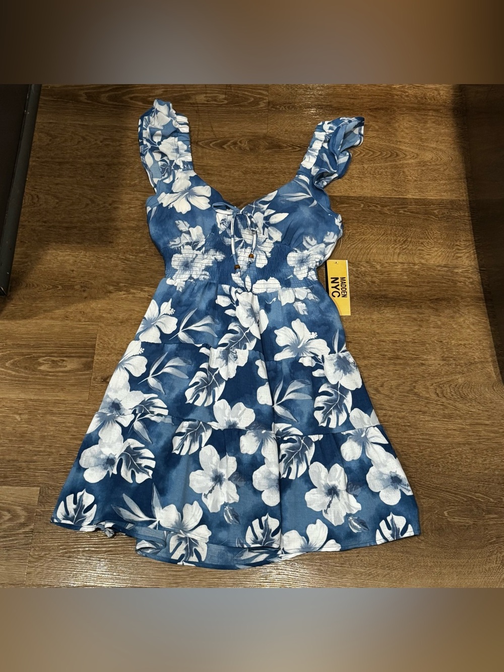 Blue Floral Midi Dress with Ruffle Straps